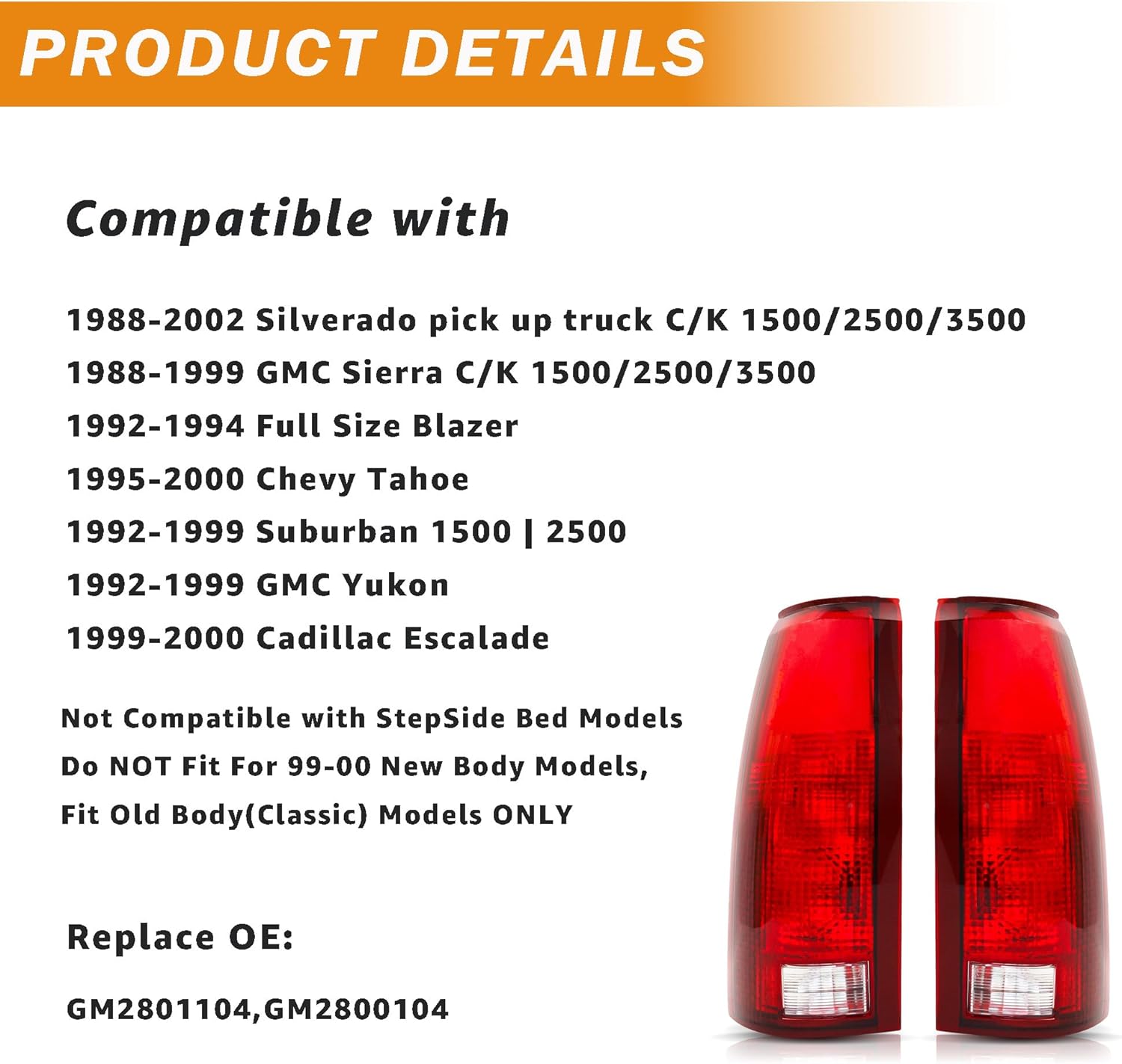 Tail Light Assembly Compatible With 1988-1999 Chevy GMC Silverado Sierra C/K 1500 2500 3500 Suburban Tahoe Yukon Full-Size Blazer Rear Brake Lamp Taillights, Replace OE# GM2800104, GM2801104