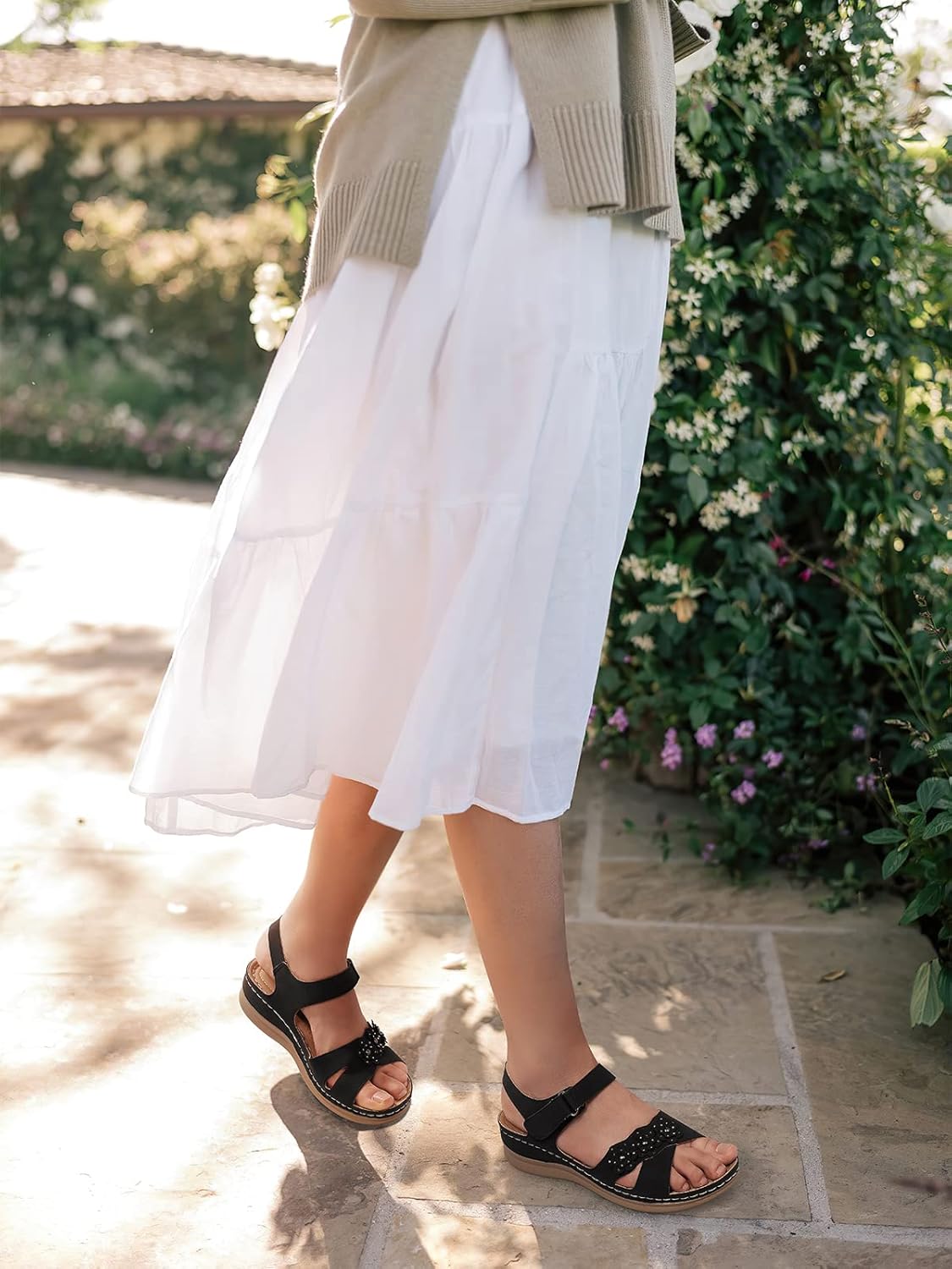 SHIBEVER Wedge Sandals for Women Dressy: Black Size 8 Low Summer Platform Comfort Dress Sandal - Comfortable Walking Sandals - Casual Flower Flat Womens Sandal - Image 3