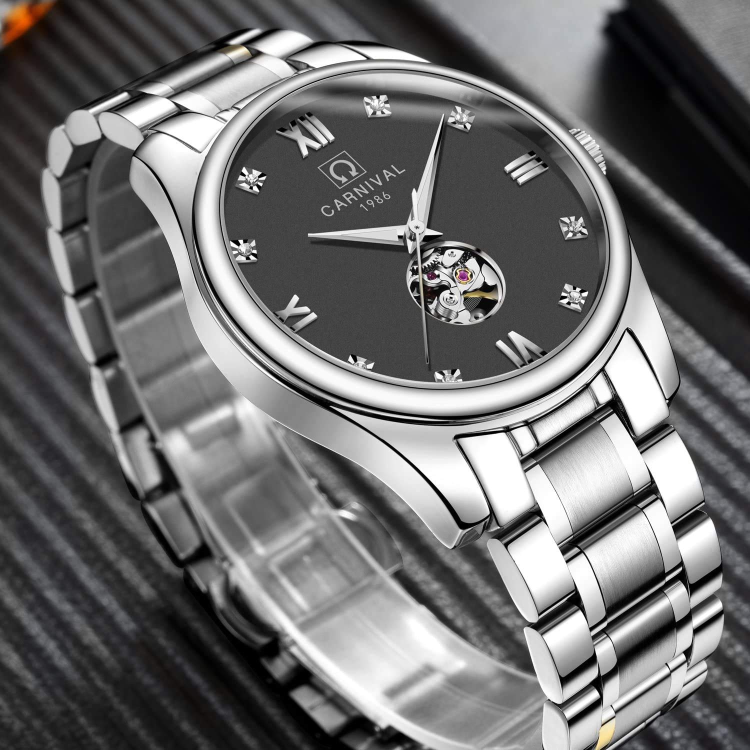 MASTOP Swiss Couple Watches - Reloj mecánico automático para hombre y mujer, esfera de diamante luminoso, dorado, plateado, juego de 2