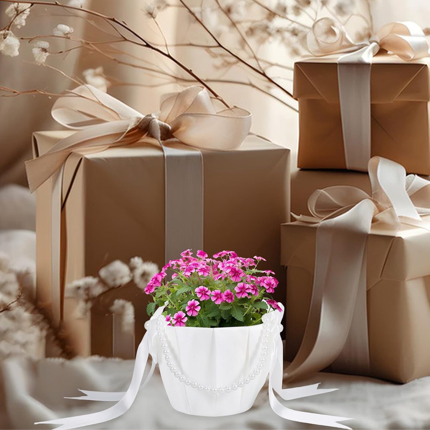 SEWACC Wedding Flower Girl Basket Small Woven Floral Handheld Basket with Pearl Handle and Bowknot for Ceremony Petal Tossing and Bridal Party Supplies