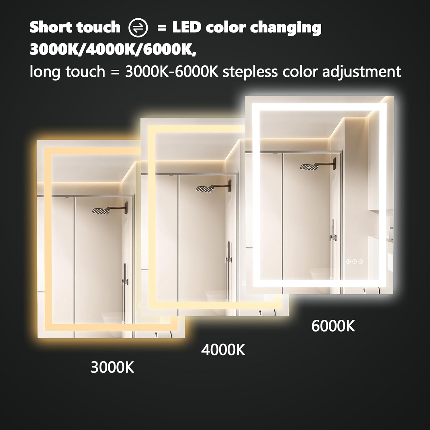 LED Bathroom Mirror Lights 24x36 Inch Front Lighted Vanity Mirror, Wall Mounted Anti-Fog Dimmable LED Makeup Mirror, IP54 3K-6K Warm/Natural/Daylight, Tempered Glass (Horizontal/Vertical) UL Listed