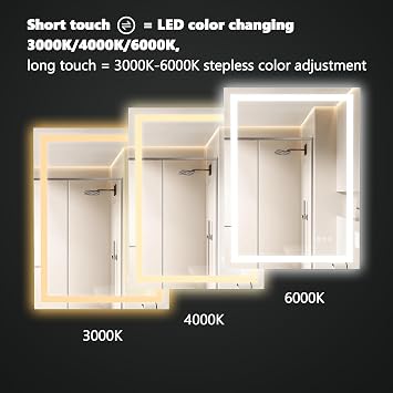 LED Bathroom Mirror Lights 36x30 Inch Front & Backlit Lights Vanity Mirror, Wall Mounted Anti-Fog Dimmable LED Makeup Mirror, IP54 3K-6K Warm/Natural/Daylight, Tempered Glass (Horizontal/Vertical) UL