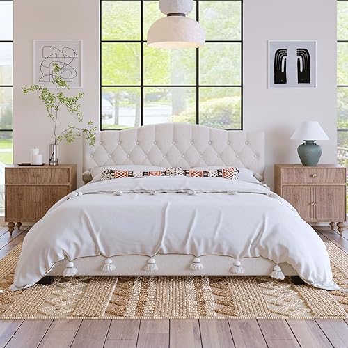 Miniatura 1 de Base de cama tapizada de tela de lino tamaño King con cabecera capitonada de diamante, base de colchón con listones de madera, no necesita somier,