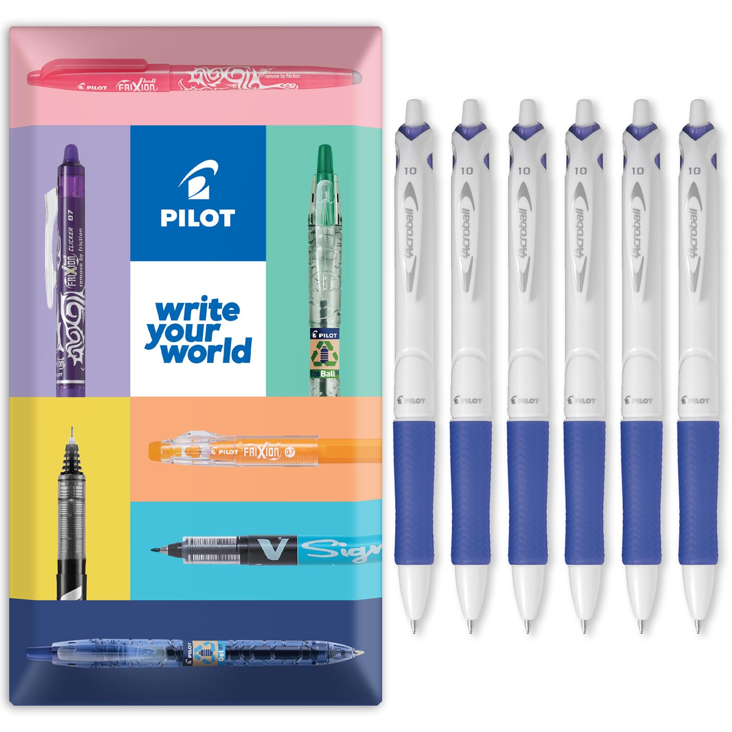 PILOT Acroball Pure White Retractable Ballpoint Pen - Begreen Range 79% Recycled - Pack of 6 Pens - Medium 1.0mm Nib - In Envelope Gift Packaging - Ideal for Writing, School, Home, Office. (Blue)