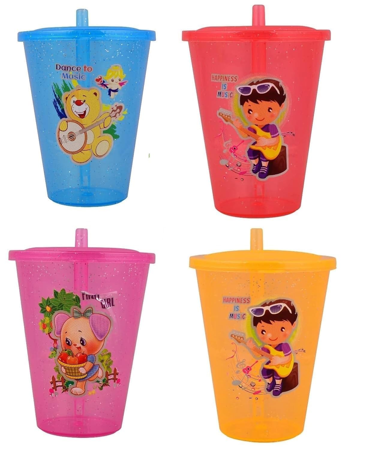 Unequetrend BPA Free Kids Sipper Glass with Straw & Lid, 250ml Reusable Plastic Drinking Cup for Juice, Water, Milk, Pack of 4 (Multicolor)-image-39