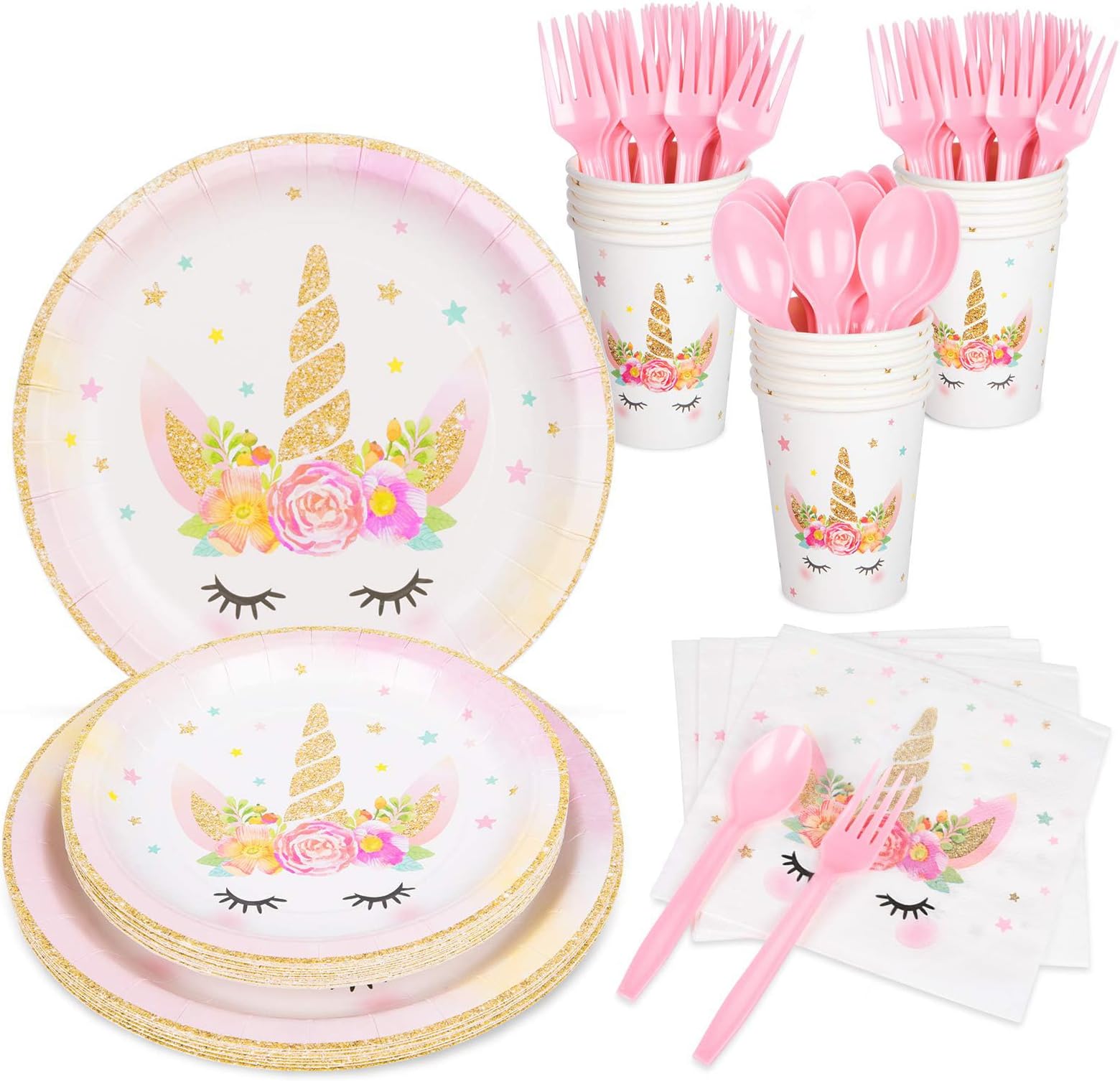 DECORLIFE Unicorn Plates and Napkins Set Serves 16, Unicorn Party Supplies for Girls Birthday, Baby Shower, Cups, Knives, Forks, Spoons Included, Total 112PCS