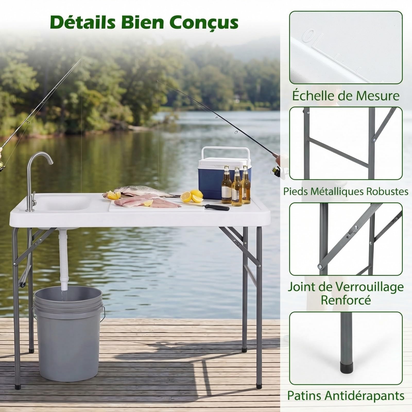 COSTWAY Table de Pêche Pliante avec Évier et Structure Métallique