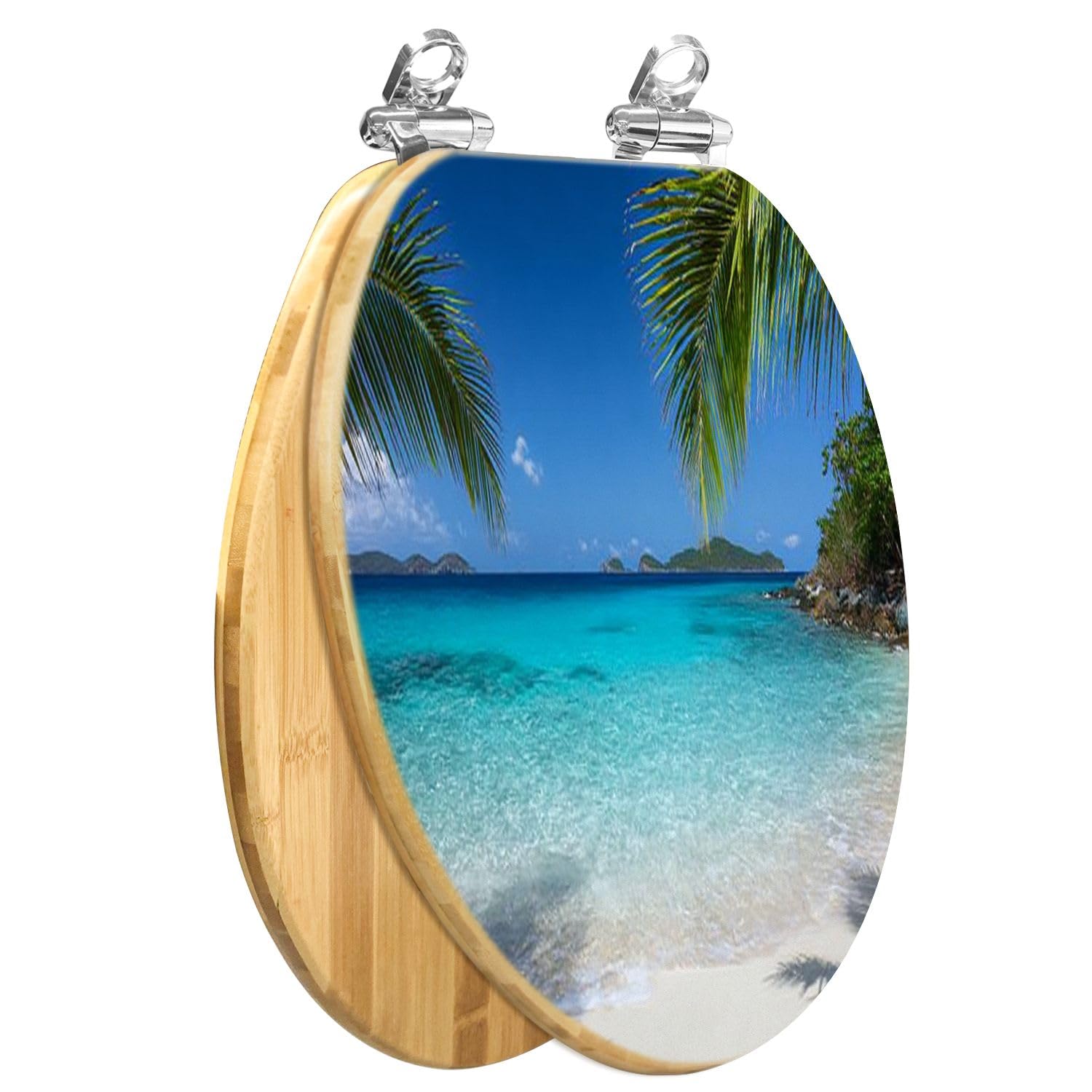 Asiento De Inodoro Alargado De Madera para Baño, Diseño De Playa De Las Islas Vírgenes, Tapa De Cierre Suave Y Silencioso, Bisagras De Liberación Rápida, con Topes, Fácil De Limpiar E Instal