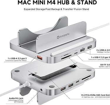 Minisopuru MINI218B PRO Mac Mini M4 Dock Support 10Gbps USB C/A, TF/SD, 2X USB A 2.0, Mac mini hub & Stand with M.2 NVMe SSD (Not Included),USB C Hub for Mac Mini M4 and M4 Pro 2024