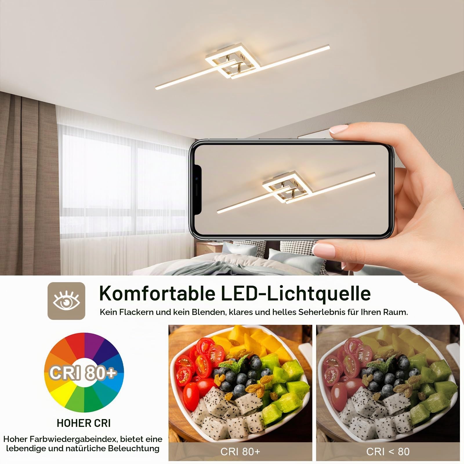 Dorlink Deckenlampe LED Dimmbar, Drehbar Deckenlampe Schlafzimmer 22W, Lampe Wohnzimmer 3000K/4000K/6500K, Wellen Esstischlampe, 2 Lichter Flurlampe Decke, Silber LED Wandleuchte für Küche, 82CM