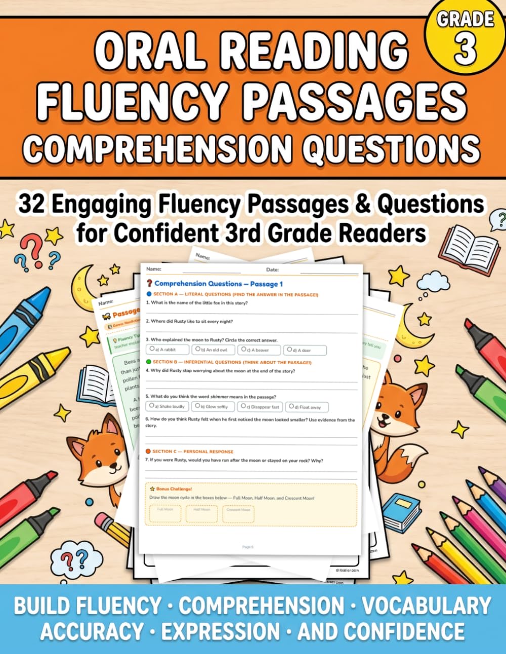 Oral Reading Fluency Grade 3 Passages and Comprehension Questions: 32 Reading Fluency Passages with Comprehension Questions, Vocabulary, and Fluency ... (Oral Reading Fluency Practice Series)