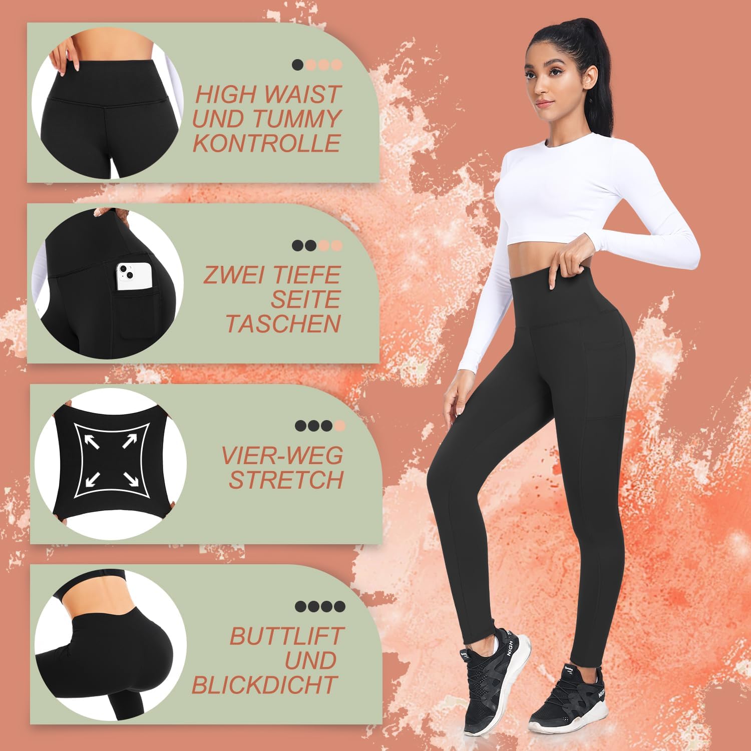 ACTINPUT Capri leggings voor dames, 3/4 capribroek, hoge taille, zwart, sportlegging met zakken, elastisch, ondoorzichtig, yogabroek, sportbroek, hardloopbroek, zomer, grote maten leggings, K02