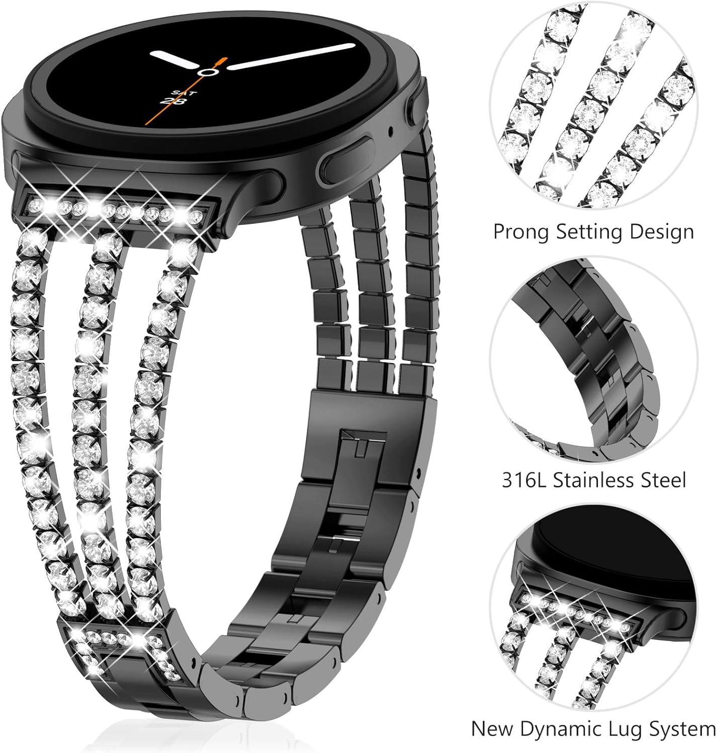 Surace Compatible with Samsung Galaxy Watch 8 Band 40mm 44mm, Galaxy Watch 8 Classic Band 46mm Women Bling Diamond Rhinestone Link Bracelet for Galaxy Watch 8 - Image 3