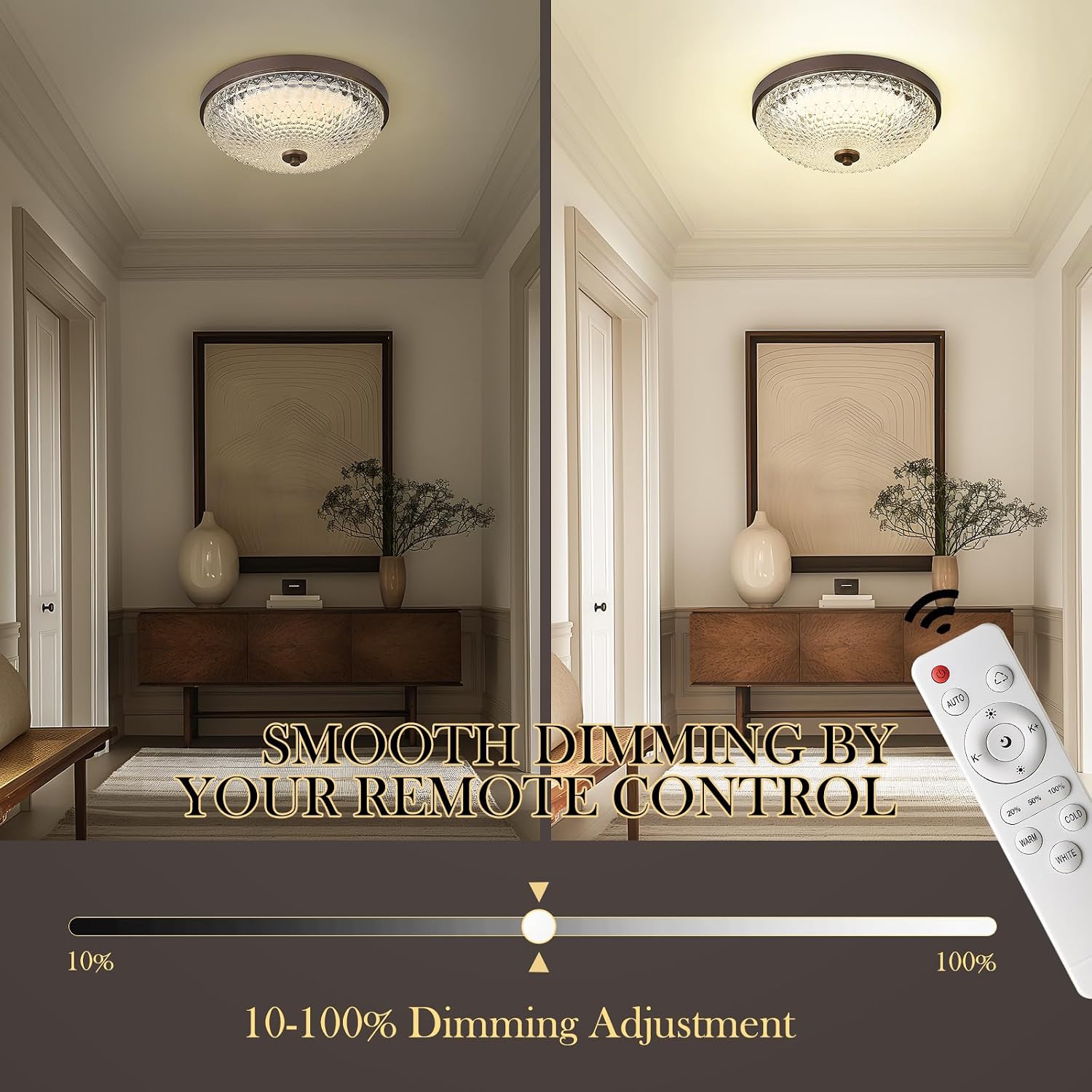 zeyu Vintage Ceiling Light Fixture, 24W LED Dimmable Farmhouse Close to Ceiling Light, 3000K-6500K Adjustable, Diamond Glass Shade in Oil Rubbed Bronze Finish, ZSL102F-LED ORB