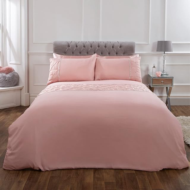 Sienna Satin Pintuck Diamante Band Duvet Cover with Pillowcases Ruched Pinch Pleat Bedding Set, Blush Pink - King Size