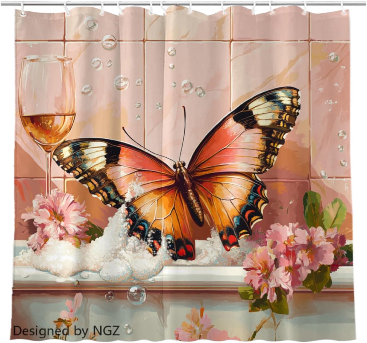 NGZ Funny Chicken Shower Curtain, SPA Chicken with Wine, Pink Shower Curtain, 72x72 Inches Floral Shower Curtains for Bathroom, Bath Curtains Set with 12 Hooks