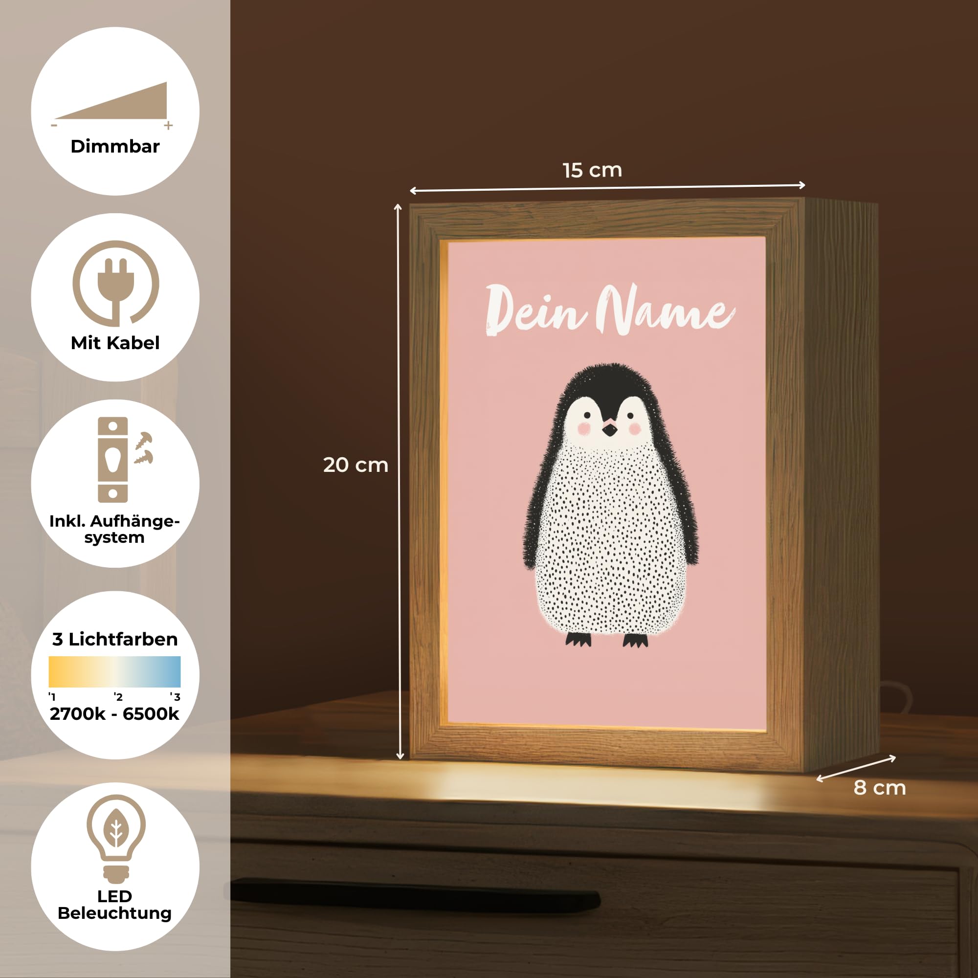 Nachtlicht Für Kinder Mit Name 15x20 cm Lampe Nachttisch Nachtlampe Kinderzimmer Personalisiert Nachttischlampe Jugendliche Pinguin - Punkte - Minimalistisch - Rosa