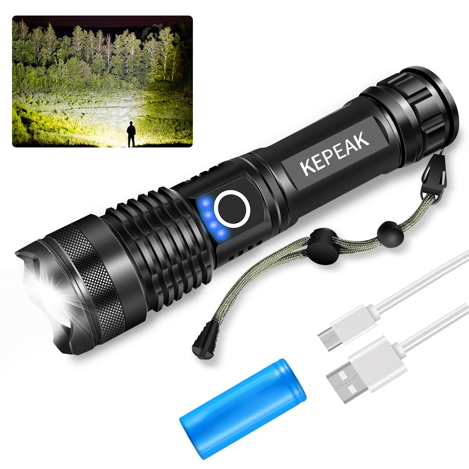 KEPEAK Rechargeable Flashlights High lumens, Super Bright LED Flashlight, Tactical Flashlights High Lumens, Zoomable, 5 Modes, Waterproof, Handheld Flash Light for Camping, Hiking, Emergency