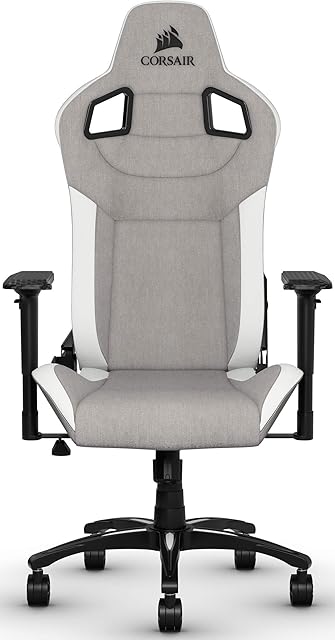 Corsair T3 Rush - Polyester Gaming Chair (Breathable Soft Fabric Exterior, Padded Neck Cushion, Memory Foam Lumbar Support, 4D Armrests, 180 Degree Recliner, Easy Assembly) Grey/White