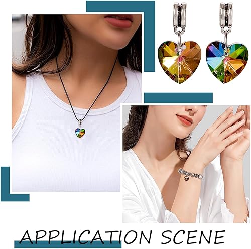 Vista 4 de Cheriswelry 50 dijes colgantes de corazón europeo de aleación de agujero grande, colgantes de vidrio galvanizado arcoíris con fianza para el día