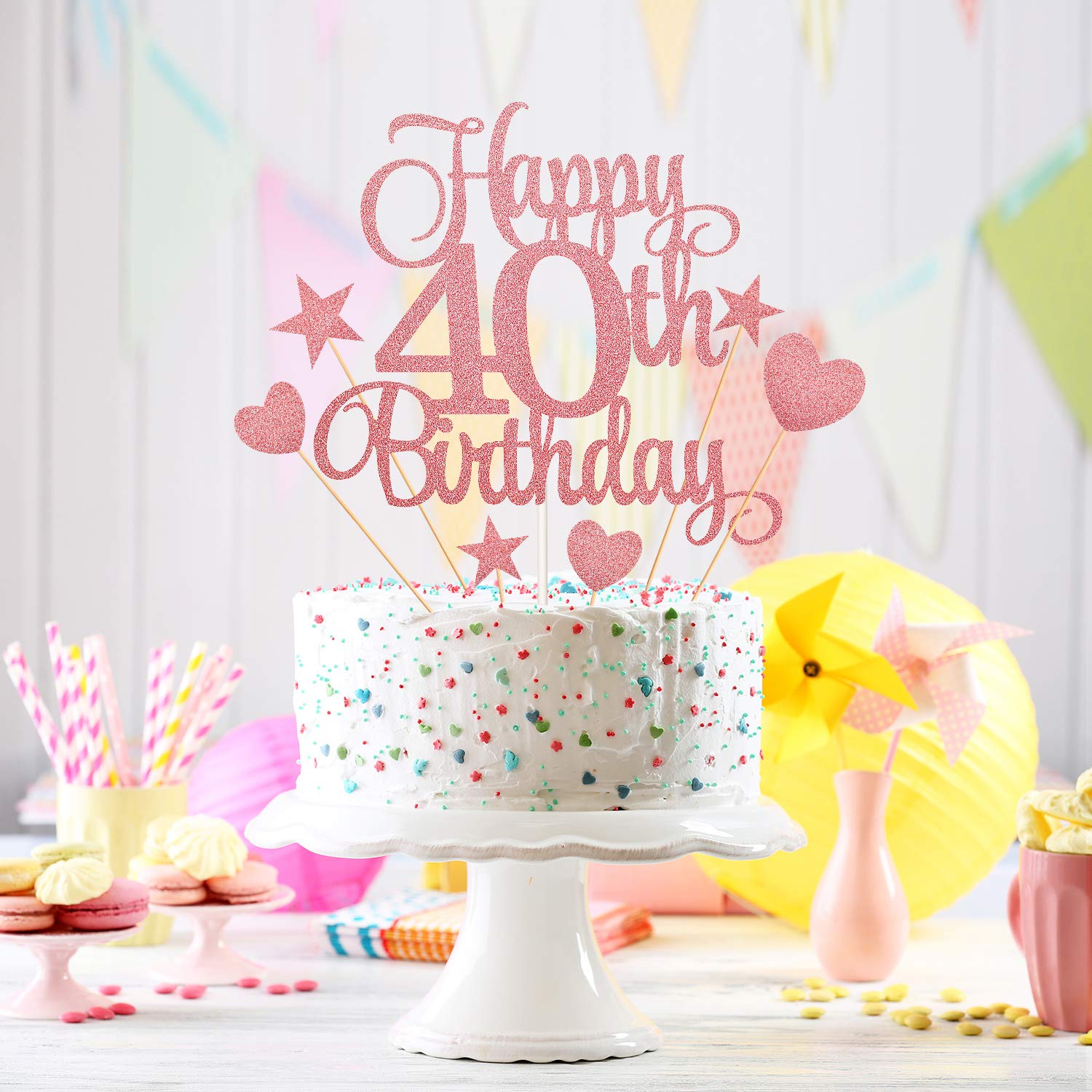40th Birthday Cake Decorations Set Include Rose Gold Happy 40th Cake Toppers with Glitter Heart and Star Cupcake Picks for Women Girls Birthday Party Favors Supplies