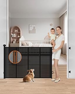 Retractable Baby Gate, 55" Wide Mesh Baby Gate with 4 Reinforced Rods, 34" Tall