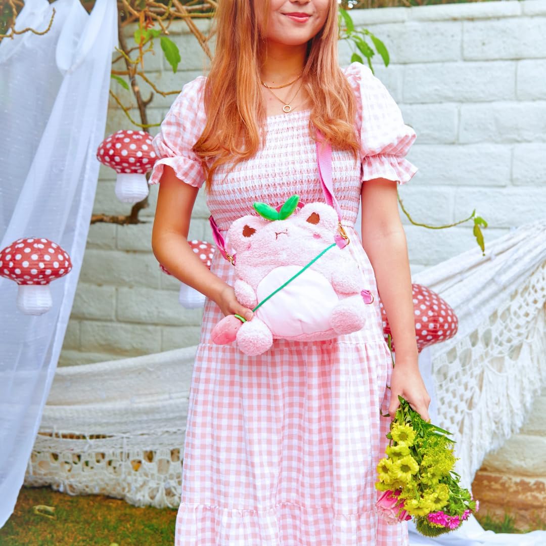 Cuddle Barn PlushGoals - Strawberry Wawa Backpack | Kawaii Anime Cute Plush Purse Stuffed Animal Frog Bag, 9 inches