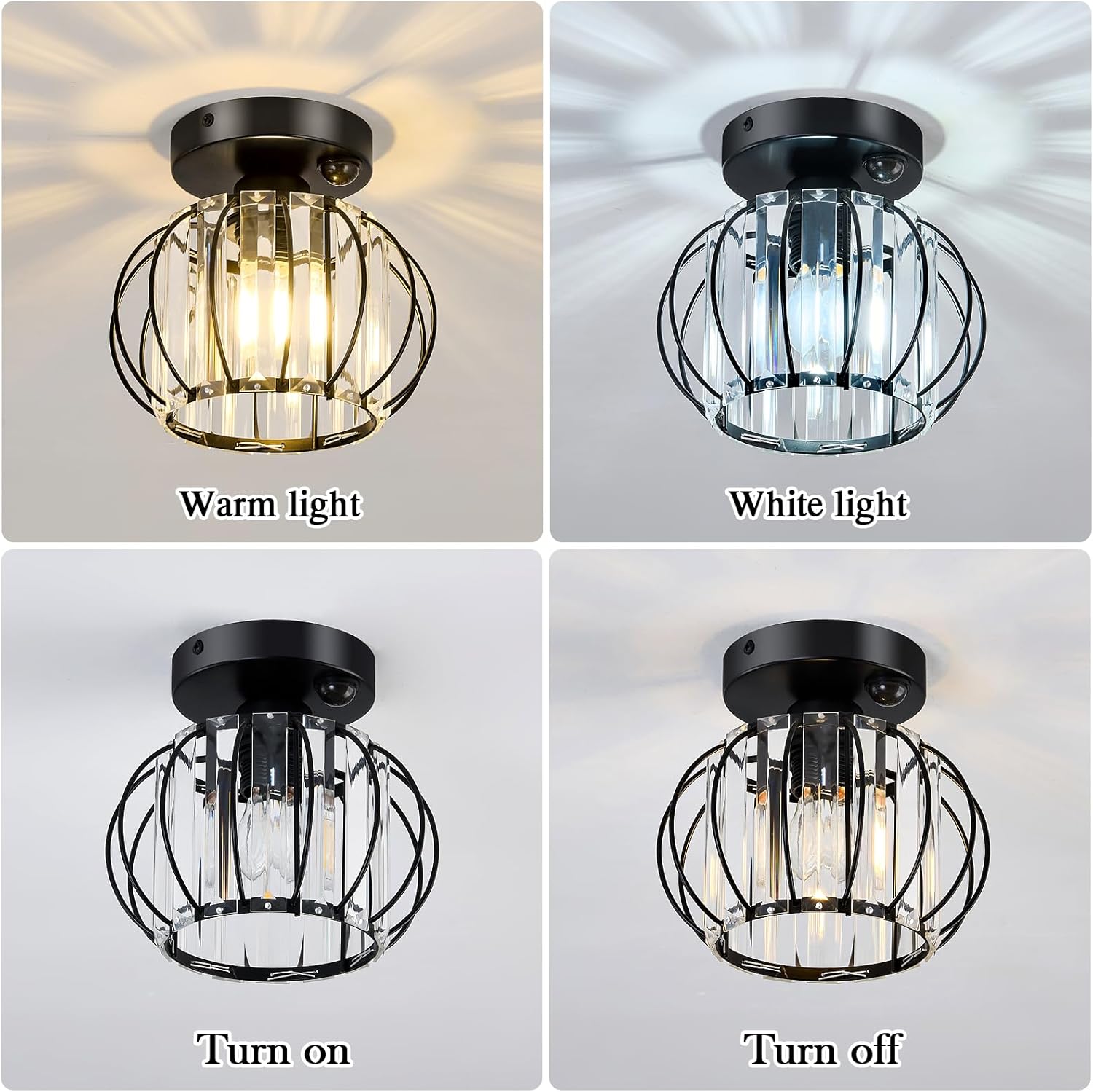 YYJLX Indoor Motion Sensor Ceiling Light Fixture Modern Cryatal Semi Flush Mount Ceiling Light Black Ovrehead Light Fixture for Porch Hallway Front Entryway Kitchen Hall Garage.