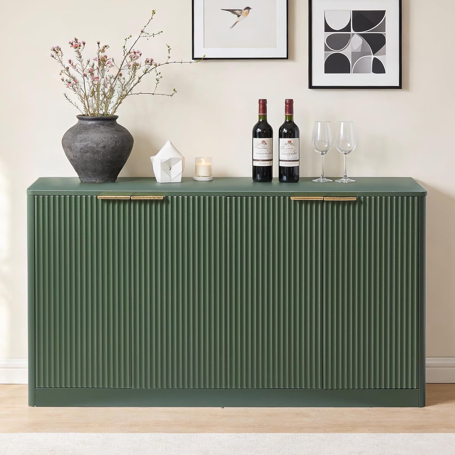 59" Fluted Buffet Cabinet Sideboard with Storage, Large Credenza with 6 Doors Accent Storage Cabinets Mid Century Modern Sideboard for Living Room Kitchen (Green)