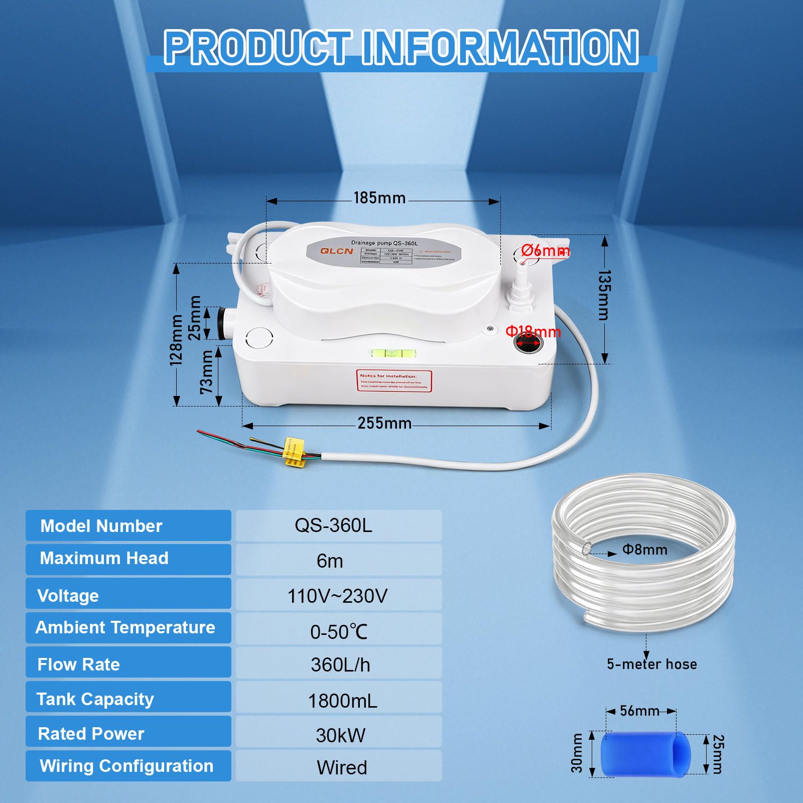 EXLECO Kondensatpumpe 1800ml 360L/H für 1-30HP Stand Klimaanlage mit Überlaufalarm, 5m Schlauch, 6m Förderhöhe