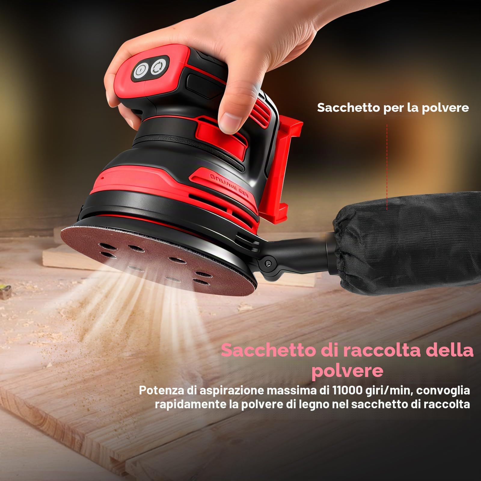 Levigatrice orbitale senza spazzole per Milwaukee M18 a batteria da 18 V, levigatrice eccentrica a batteria da 125 mm, con 20 fogli di carta vetrata da 125 mm, rotazione a 3 velocità, 8 fori