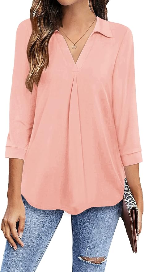 Newchoice Womens Collared V Neck 3/4 Sleeve Shirts Business Casual Tops Loose Work Blouses