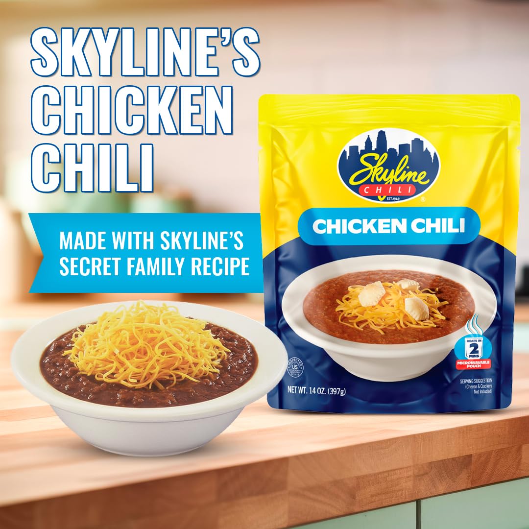 Skyline Chili Chicken Chili – Authentic Cincinnati-Style Recipe in Microwavable Pouches – Perfect for Cheese Coneys, Hot Dogs, Enchiladas & Spaghetti – Hearty, Easy Meal Prep – 14 oz Each, Pack of 8