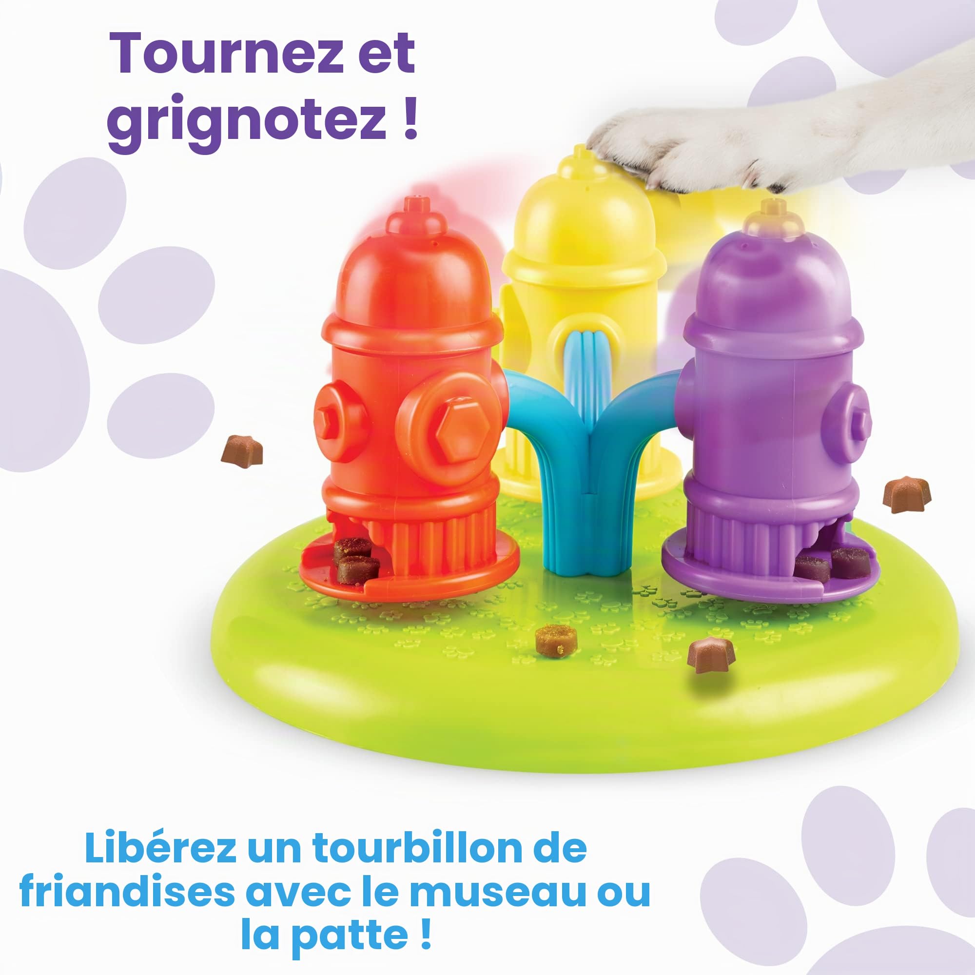 BrightKins Puzzle Distributeur de friandises en Forme de bouches d’Incendie tournantes pour Animaux de Compagnie, Jouets interactifs pour Chiens, Jeu interactif d’Alimentation Lente, 3 Niveaux