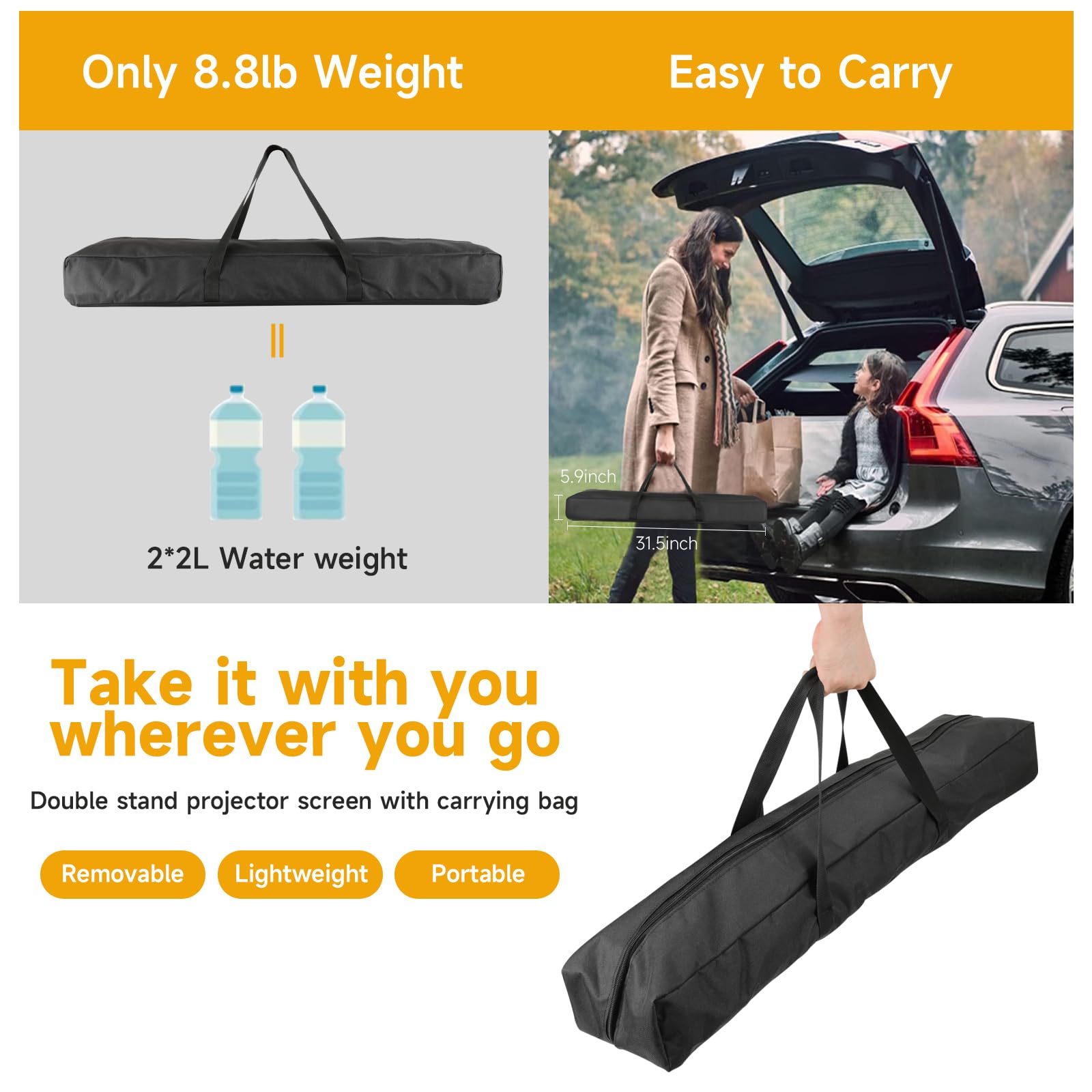 Écran de projection extérieur avec support, écran de projection pliable SCREENMAX de 120 pouces avec sac de transport portable, écran de projection 16:9 4K HD arrière sans plis pour soirée cinéma et