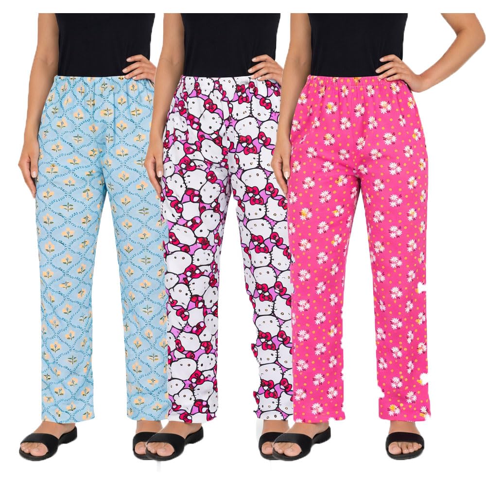 Womens Cotton All Over Print Pyjamas Pants For Girls Combo Pack Of 3(Prints May Vary)-image-37