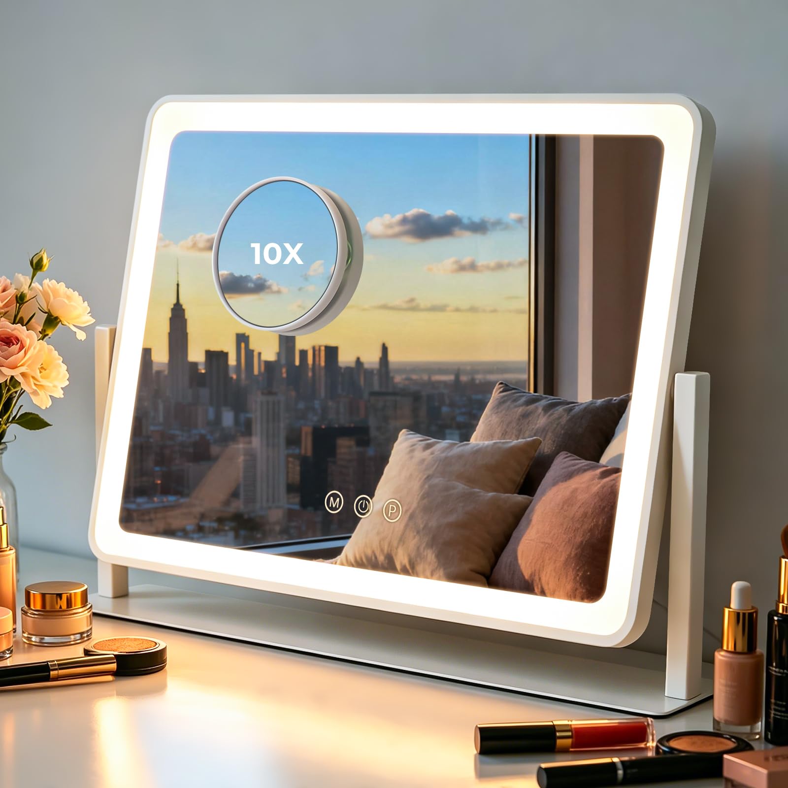 LuxeVue Makeup Mirror with Lights, Vanity Mirror with 3 Lighting Modes, Freestanding Light Up Mirror with Touch Sensor, Round 3.5" 10X Spot Magnifying, Metal Frame, 360 Rotatable -White