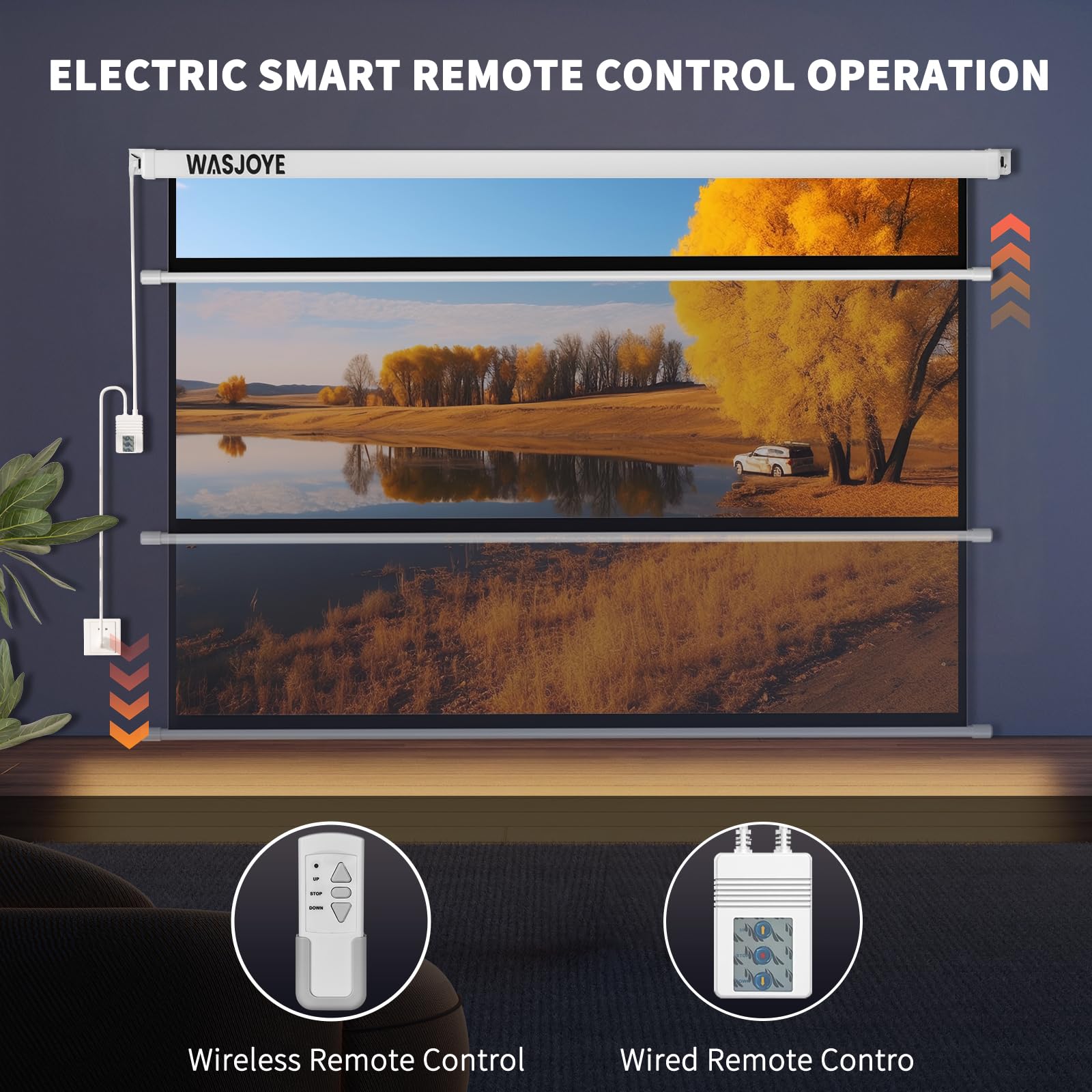 WASJOYE 84" Leinwand Beamer Elektrisch Diagonale Automatische Projektion 16:9 8K HD Filme Schirm für Heimkino Büro Videospiel Outdoor Indoor, Projector Screen W/Fernbedienung und Wand/Decke Mount