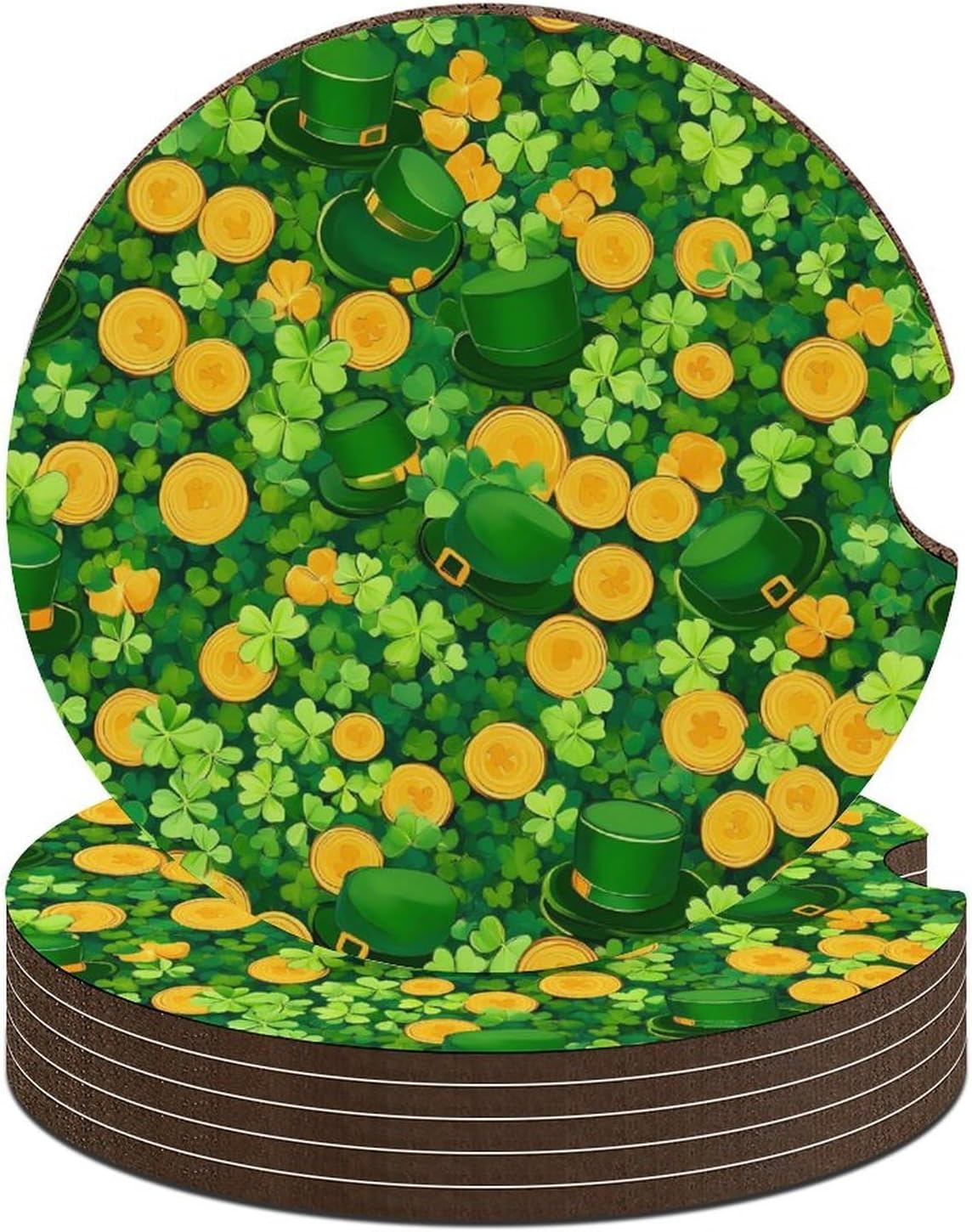 St Day Partick Clovers Hats Gold Coin Car Cup Holder Coaster with Cork Base 2.6 Inches Anti Slip