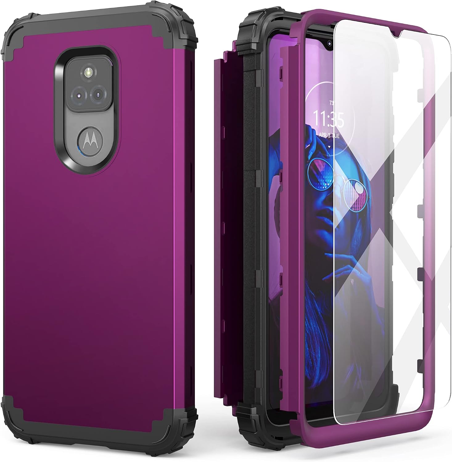 IDweel Moto G Play 2021 Case with Tempered Glass Screen Protector,3 in 1 Shockproof Slim Hybrid Heavy Duty Protection Hard PC Cover Soft Silicone Rugged Bumper Full Body Moto G Play Case, Navy Purple