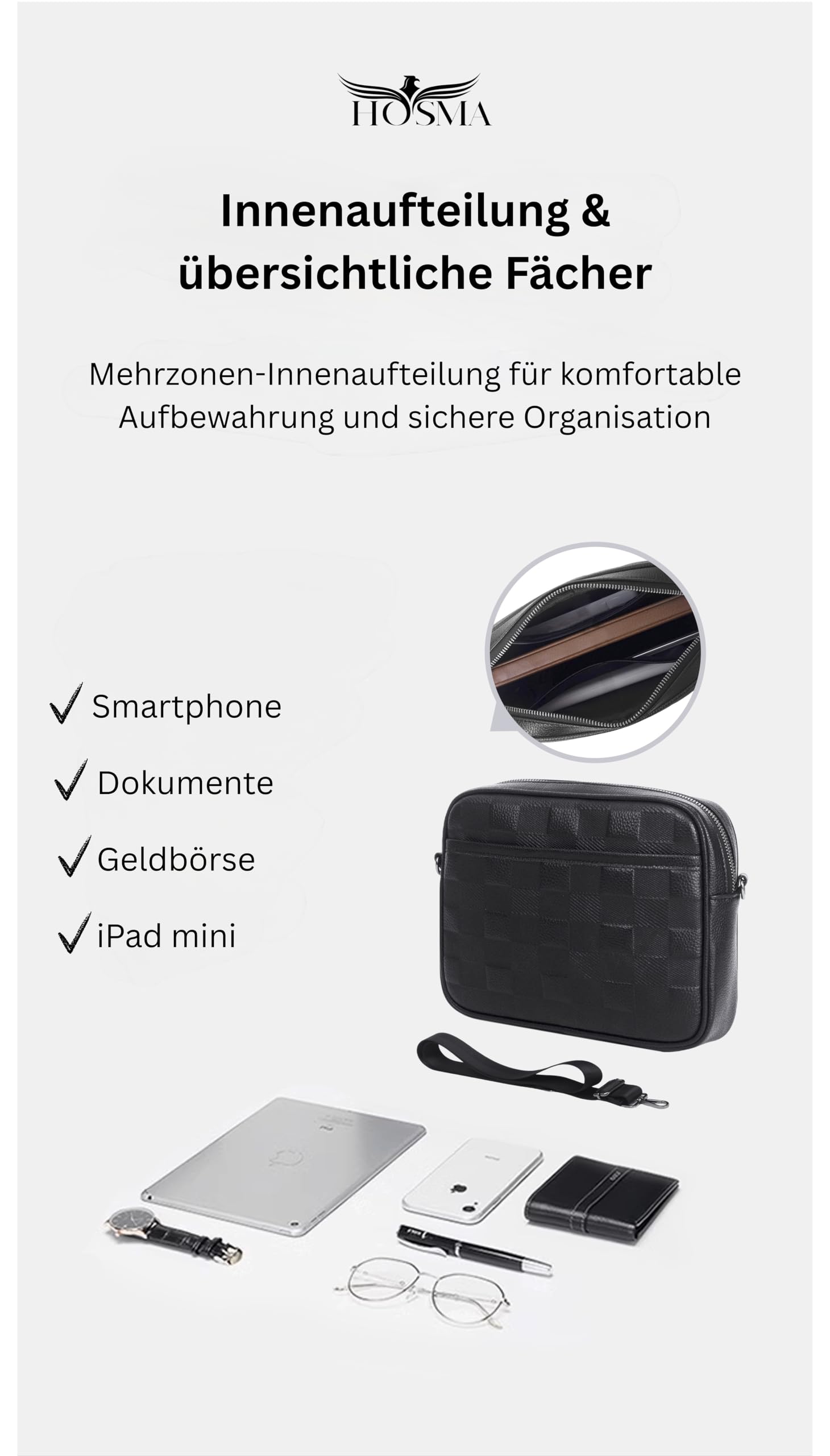 Smart Crossbody Tasche aus Echtleder mit Fingerabdruck-Schloss – Diebstahlsicher, USB-C, Schwarz, 23,5×20×5 cm