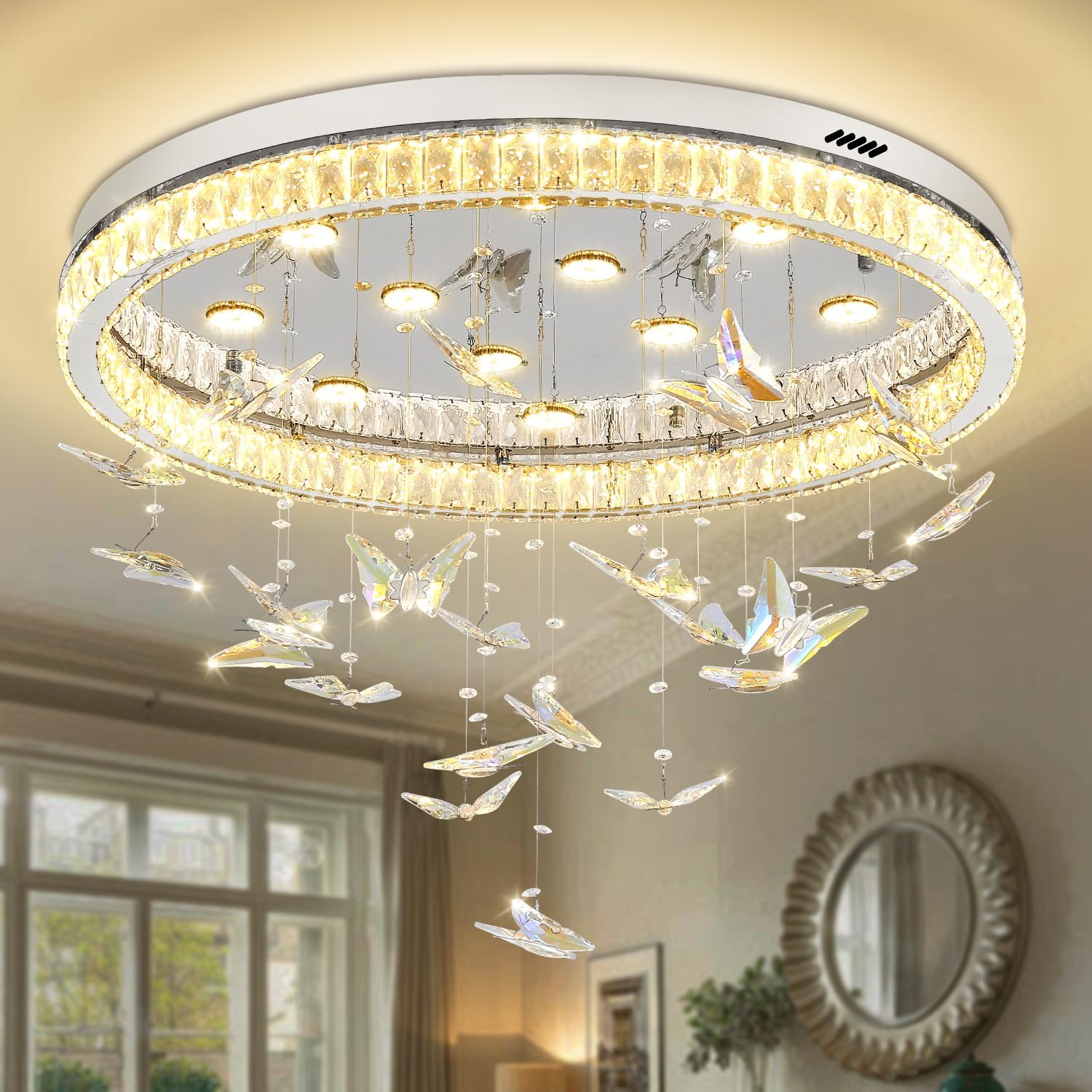 Butterfly Chandelier Silver 32in Modern Crystal Raindrop Chandelier Lighting Flush Mount Ceiling Chandeliers for Living Room 12XGU10