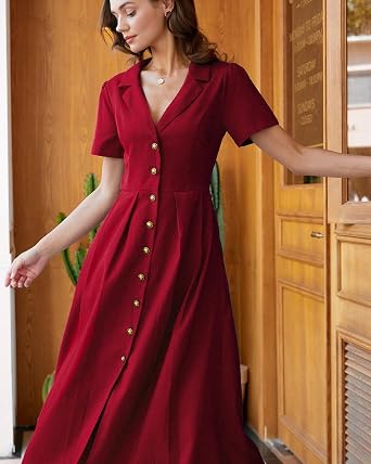 RIHOAS Casual Shirt Dress for Women - Spring Summer Short Sleeve Button Down/Up Pleated V Neck Maxi
