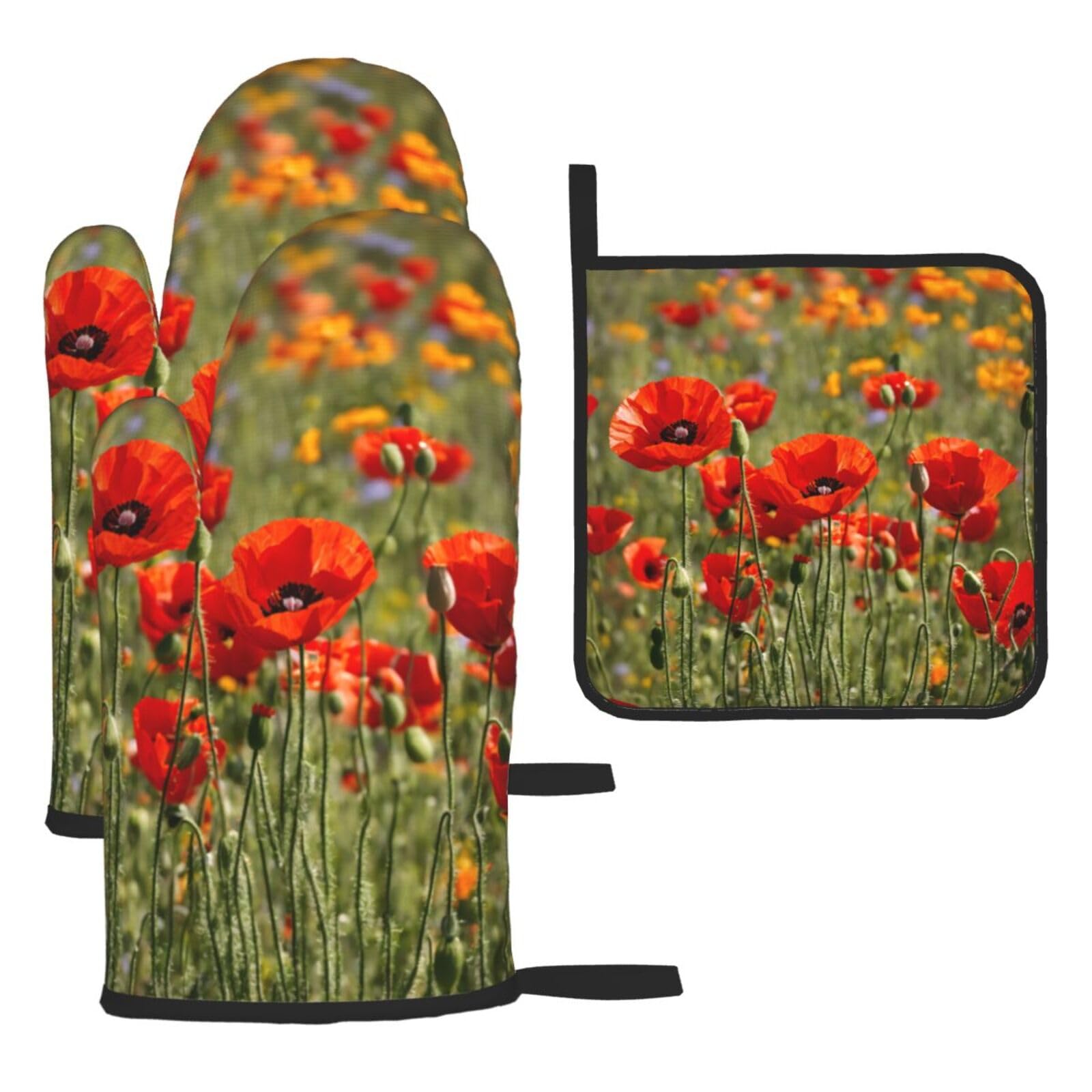 Poppy Flowers Print Oven Kitchen Gloves For Baking Outdoor Grilling Home Use Mitts Microwaving Bbq