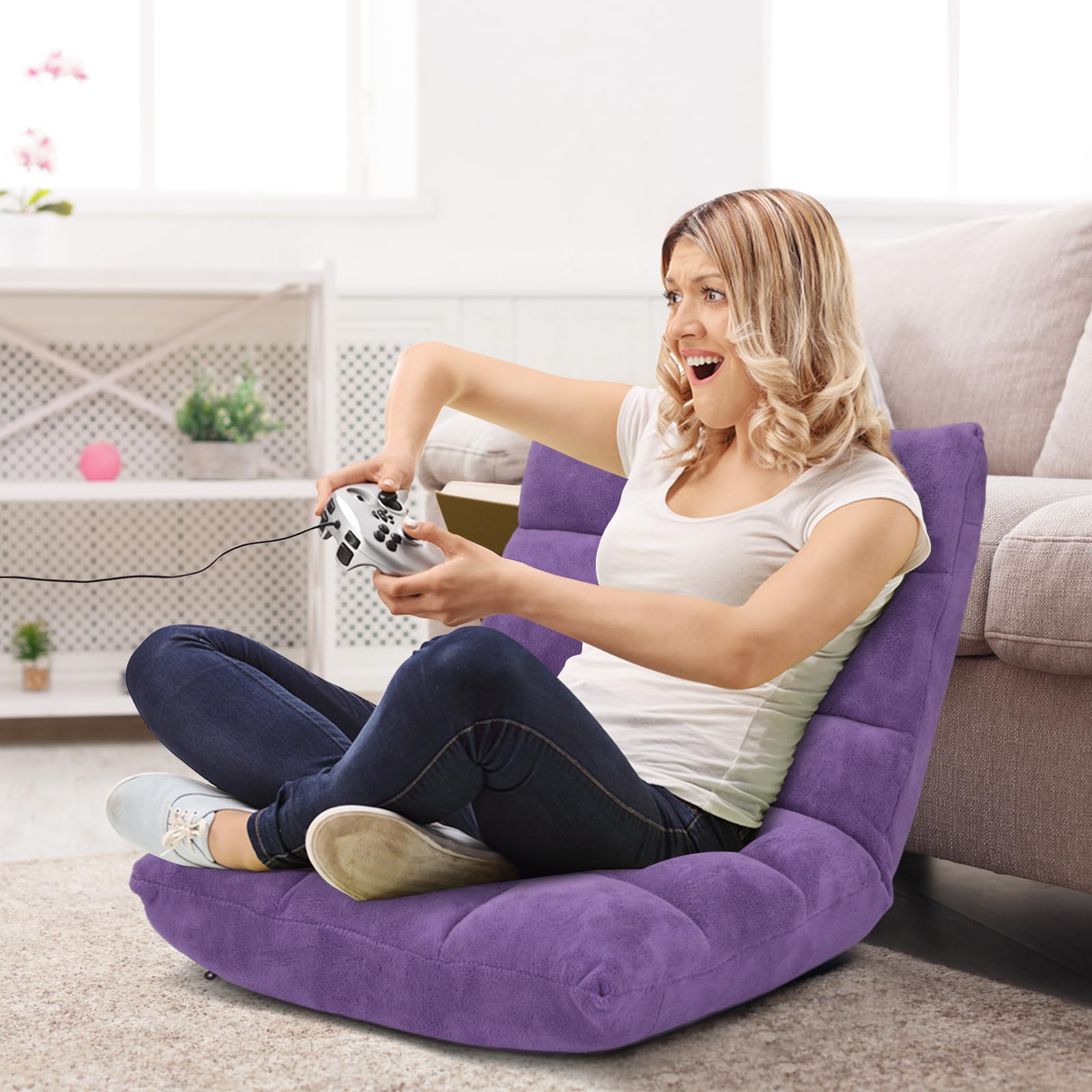 RELAX4LIFE Sedia da Terra in Velluto, Sedia Pieghevole Relax con Schienale Inclinabile in 14 Livelli, Poltrona Imbottita e Portatile Salvaspazio per Soggiorno e Camera da Letto (Viola 105×56×15cm)
