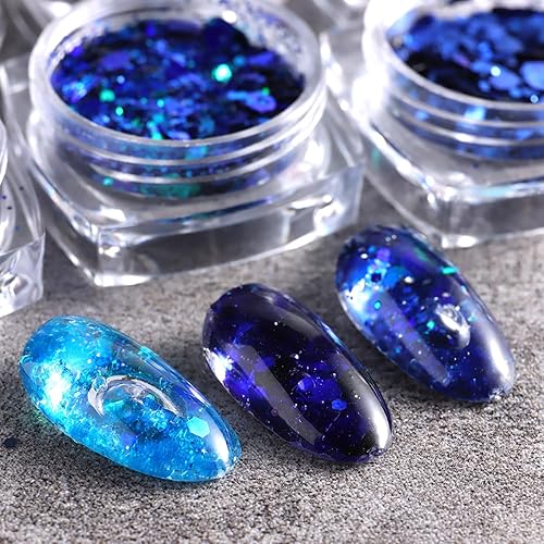 Miniatura 3 de Decoración de uñas de copo de nieve azul de Navidad, copos de purpurina para manicura azul mixta, polvo fino de gitte, suministros de lentejuelas