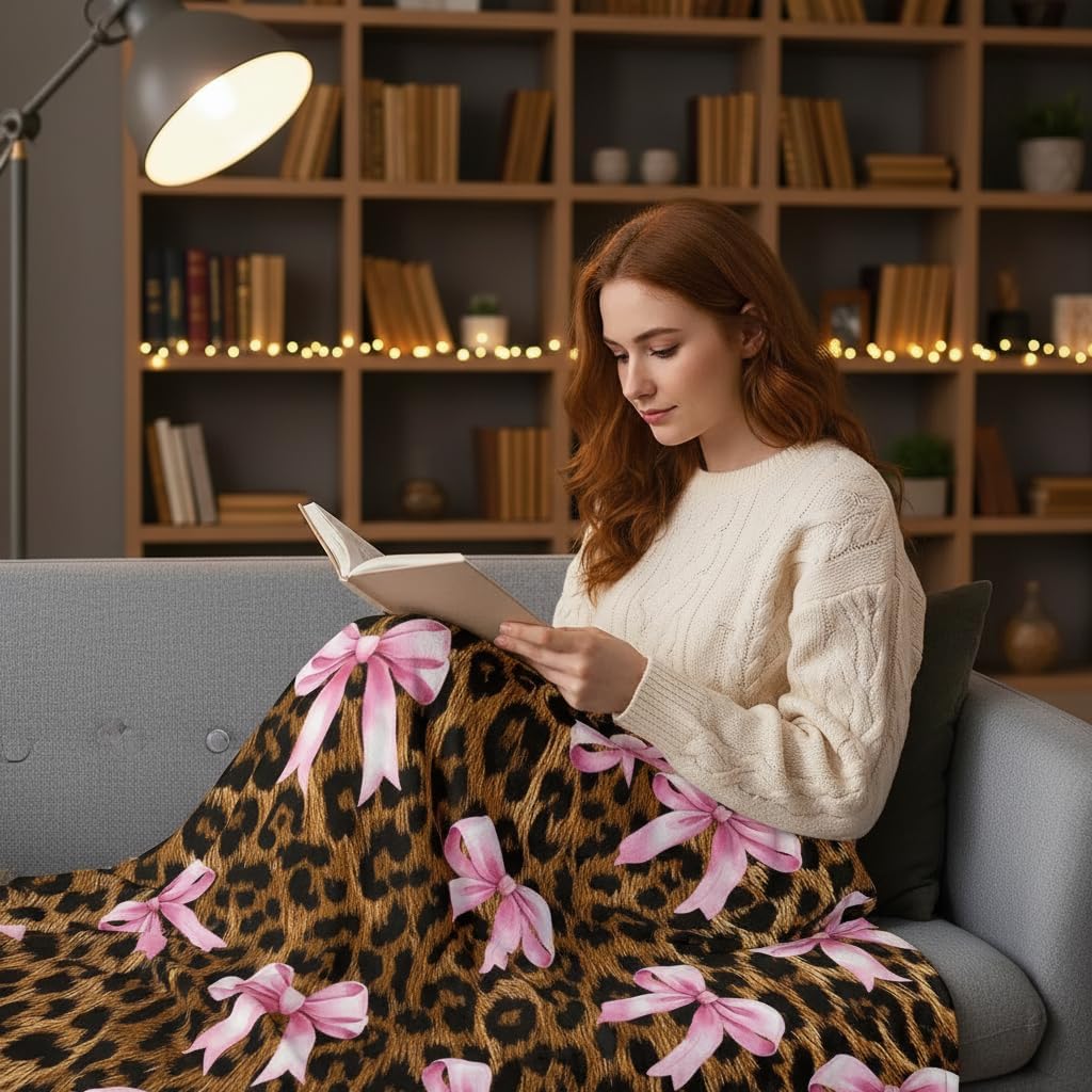 Castle Fairy Bowknot Leopard Fleece Blanket Girly Princess Pink Bow Blanket for Kids Teens Present Cheetah Fur Print Throw Blanket Western Country Queen 90x90 Inch Living Room Decor Flannel Blanket