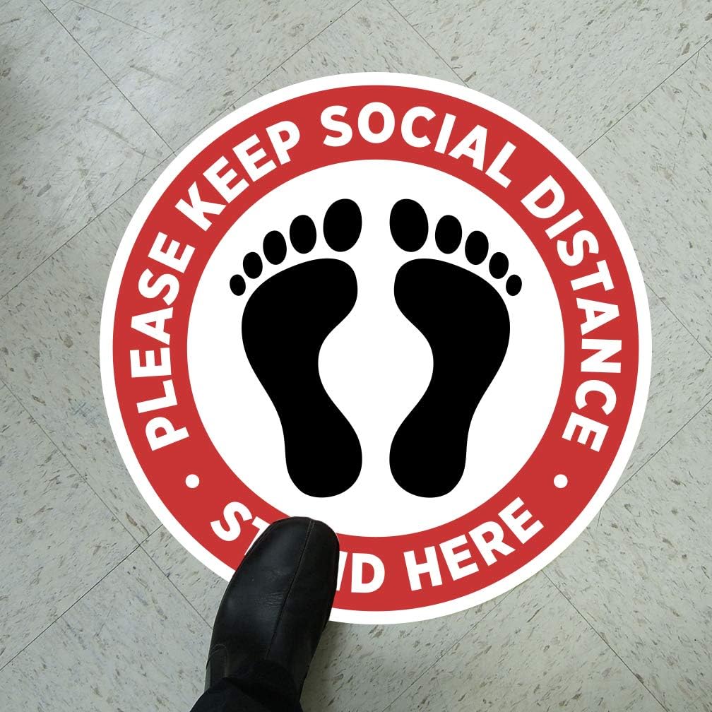 Social Distancing Floor Decal Sticker - Stop 6 Feet Apart Stand Please Wait Here Sign Safety Distance for Grocery Stores, Dr. Offices, Hospitals - 20 Inch Round - 5 Pack