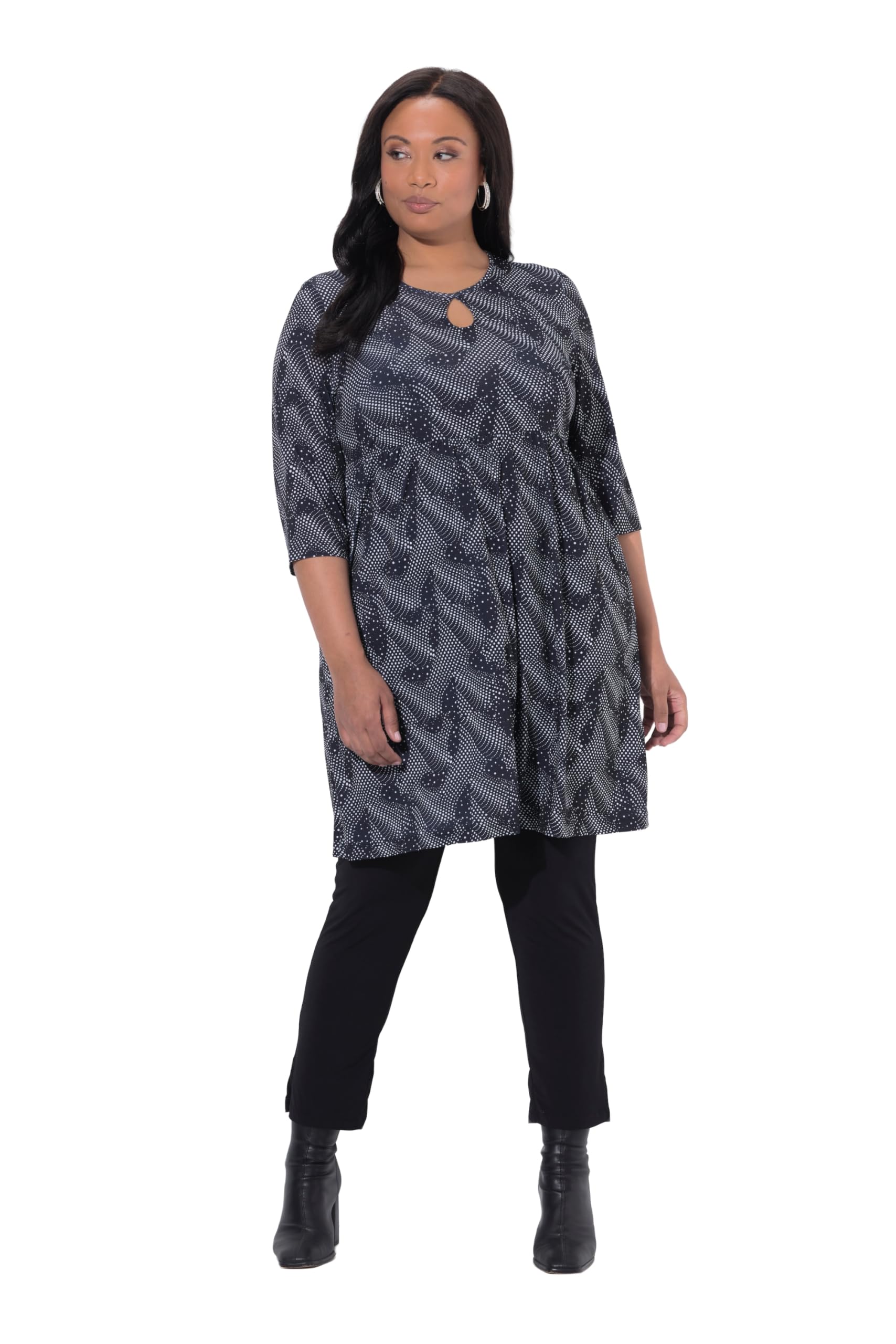 Ulla Popken Damen große Größen Übergrößen Plus Size Longshirt, grafischer Druck, A-Linie, Rundhals, 3/4-Arm 847104
