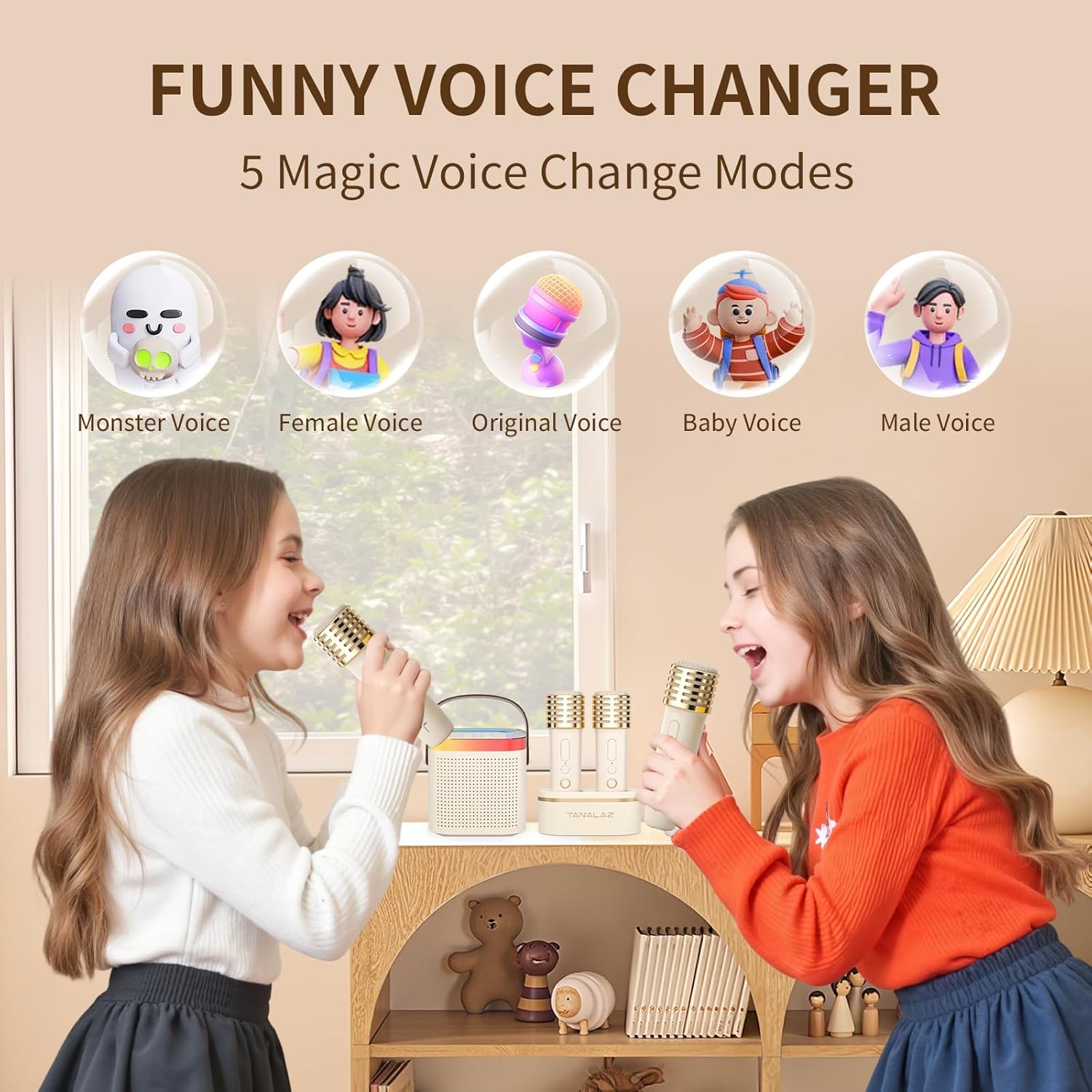 Karaoke Machine with 2 Wireless Microphones and Base, Mini Bluetooth Singing Toys Speaker Mic Set with LED Party Lights and Voice Changer, Halloween Christmas Birthday Gift - Image 4